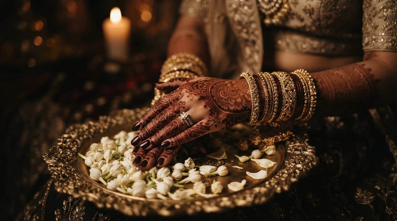 Bride's mehndi-adorned hand over a plate of jasmine flowers