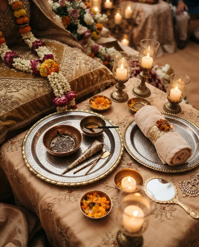 Mehndi setup with henna cones and diyas