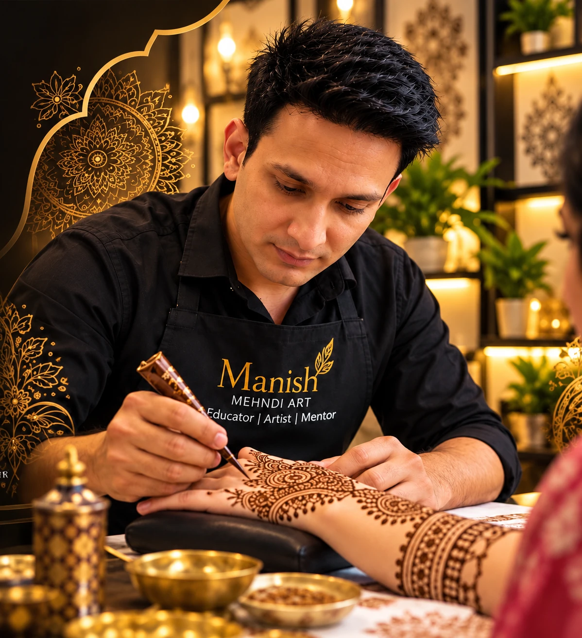 Manish applying intricate bridal mehndi with a henna cone